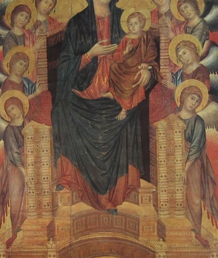 Cimabue: Madonna con il Bambino, in trono, con otto angeli, quattro profeti, cm. 385 x 223, Galleria degli Uffizi di Firenze.
